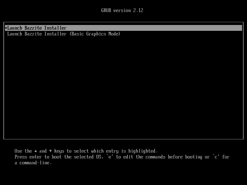 Screenshot of the Bazzite live installer GRUB boot menu|800x600, 70%